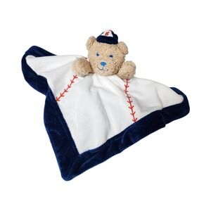 Modern Baby Baseball Teddy Bear Security Blanket Lovey Navy Blue White Red 14x14